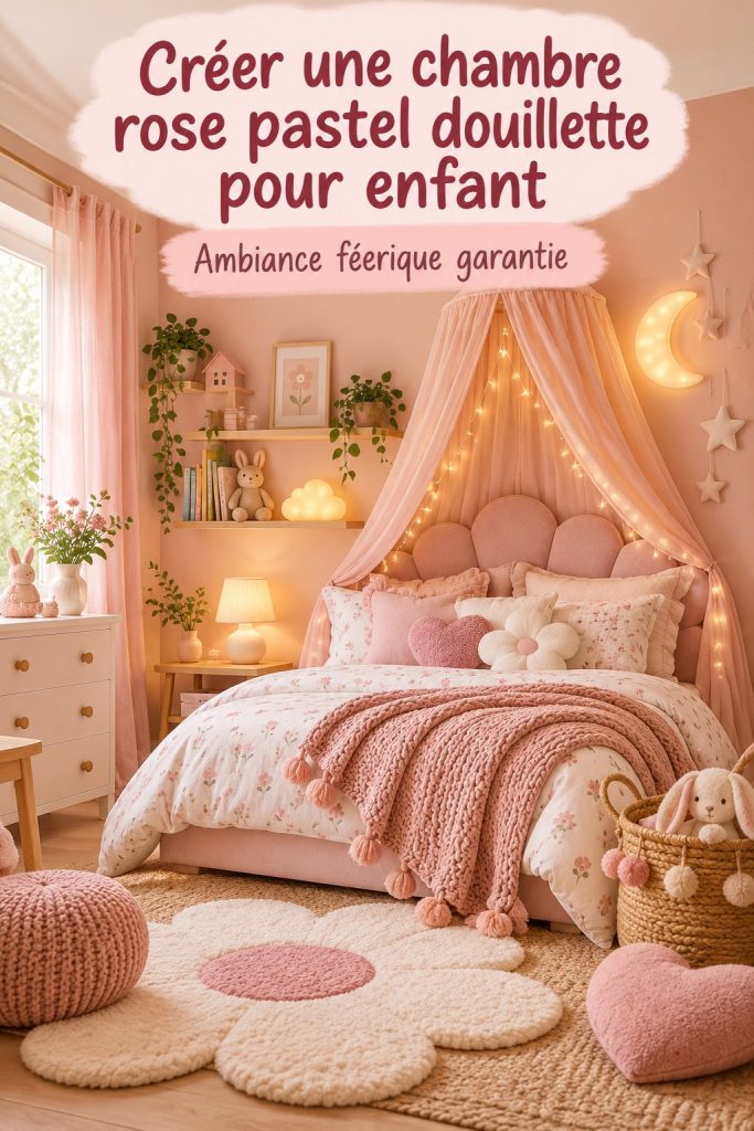 Chambre d'enfant décorée en rose pastel avec des éléments douillets et des objets décoratifs