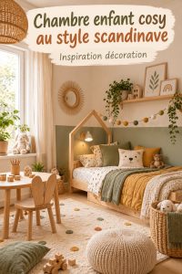 Chambre d'enfant de style scandinave avec des éléments douillets et colorés, créant une ambiance chaleureuse.