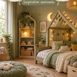 Chambre d'enfant décorée en vert sauge avec des éléments magiques