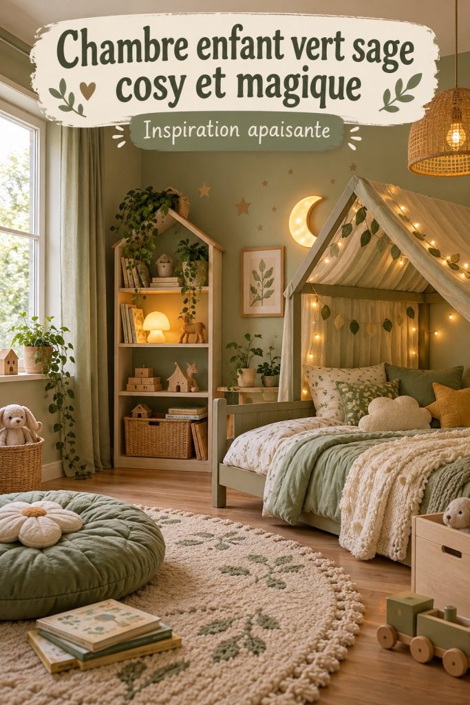 Chambre d'enfant décorée en vert sauge avec des éléments magiques