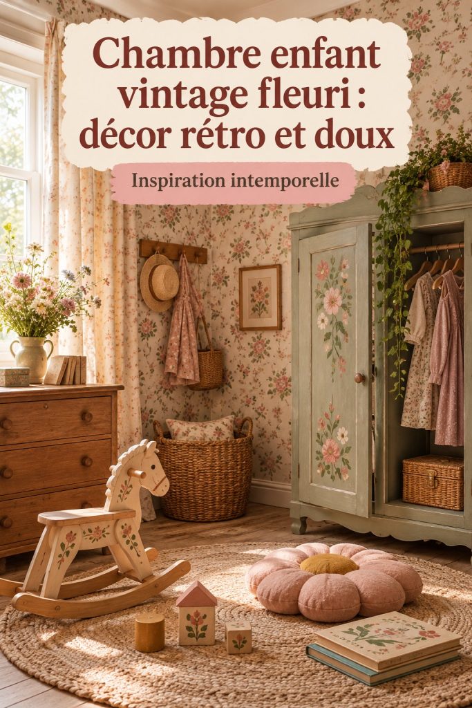 Chambre enfant vintage fleurie avec des murs aux motifs floraux et une décoration douce