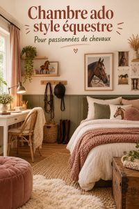 Chambre équestre moderne et accueillante pour adolescente, avec des éléments de décoration autour des chevaux.