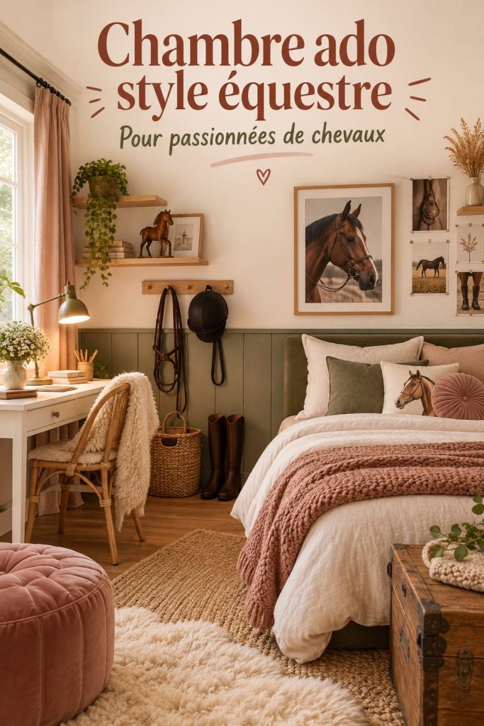 Chambre équestre moderne et accueillante pour adolescente, avec des éléments de décoration autour des chevaux.