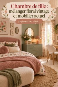 Chambre de fille décorée avec des éléments floraux vintage et un mobilier moderne
