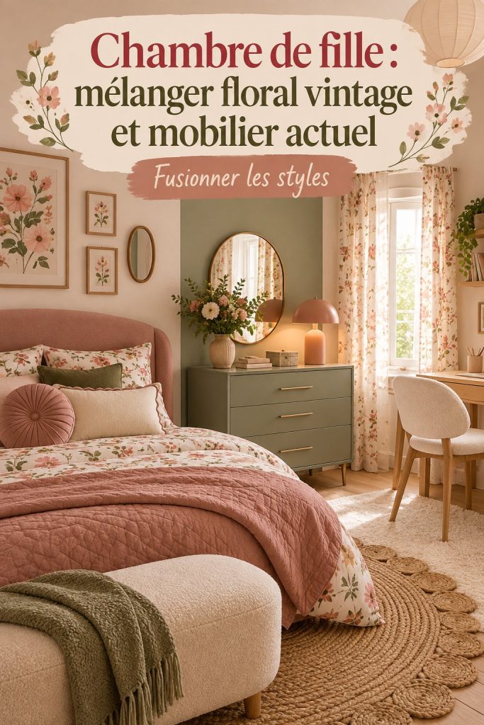 Chambre de fille décorée avec des éléments floraux vintage et un mobilier moderne