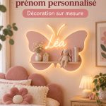 Chambre d'enfant décorée en lilas avec des éléments personnalisés.