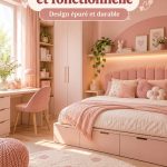 Chambre de fille moderne rose pastel avec mobilier fonctionnel et décorations douces.