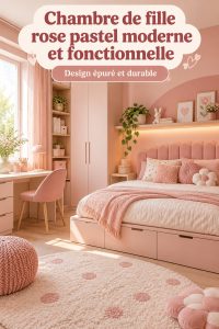 Chambre de fille moderne rose pastel avec mobilier fonctionnel et décorations douces.