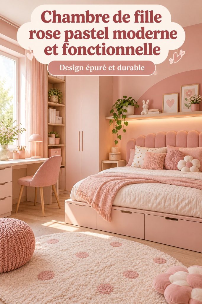 Chambre de fille moderne rose pastel avec mobilier fonctionnel et décorations douces.
