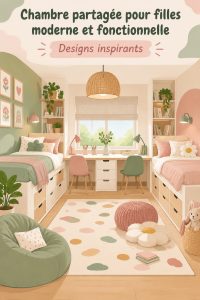 Chambre moderne pour filles, mélange d'espaces fonctionnels et d'une décoration harmonieuse.