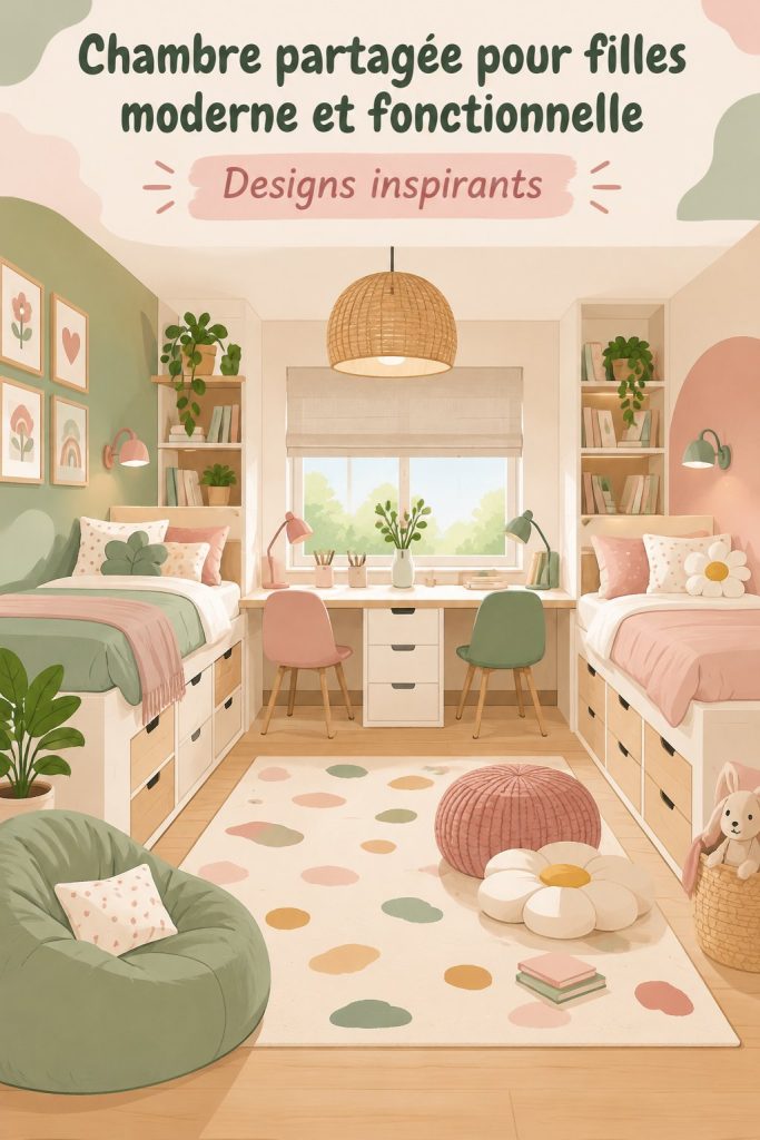 Chambre moderne pour filles, mélange d'espaces fonctionnels et d'une décoration harmonieuse.