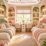 Chambre de filles élégante et accueillante pour jumelles, avec des détails en bois et des couleurs pastel.