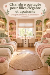 Chambre de filles élégante et accueillante pour jumelles, avec des détails en bois et des couleurs pastel.