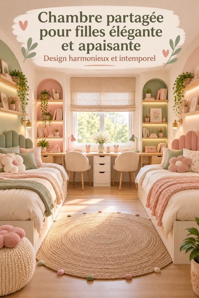 Chambre de filles élégante et accueillante pour jumelles, avec des détails en bois et des couleurs pastel.