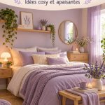 Chambre décorée dans des tons lavande avec des draps et des coussins