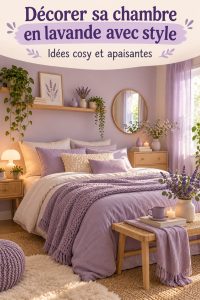 Chambre décorée dans des tons lavande avec des draps et des coussins