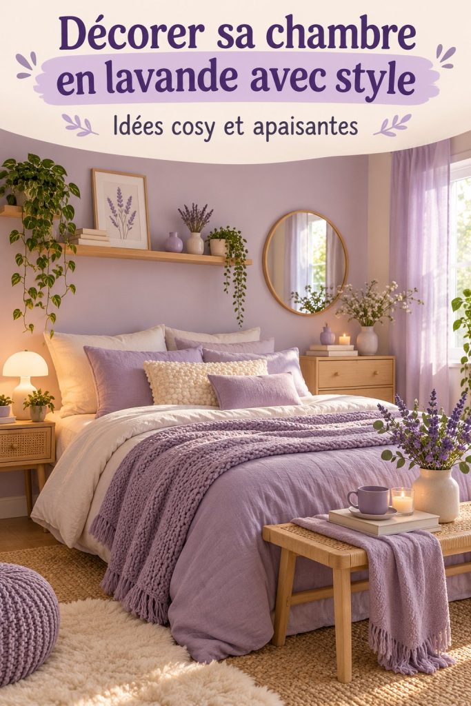 Chambre décorée dans des tons lavande avec des draps et des coussins