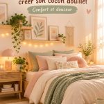 Chambre pastel chaleureuse avec des tons doux et des accessoires douillets.