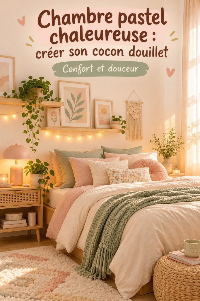 Chambre pastel chaleureuse avec des tons doux et des accessoires douillets.