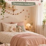Chambre décorée avec des tons doux, accueillante pour une petite fille, mélange de couleurs pastel et meuble en bois.