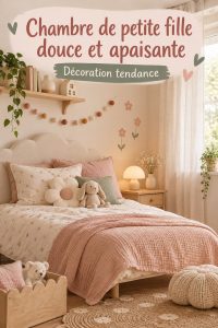 Chambre décorée avec des tons doux, accueillante pour une petite fille, mélange de couleurs pastel et meuble en bois.
