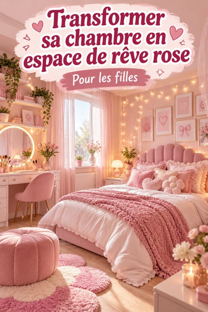 Chambre rose féérique pour petite fille avec des décorations douces et accueillantes.