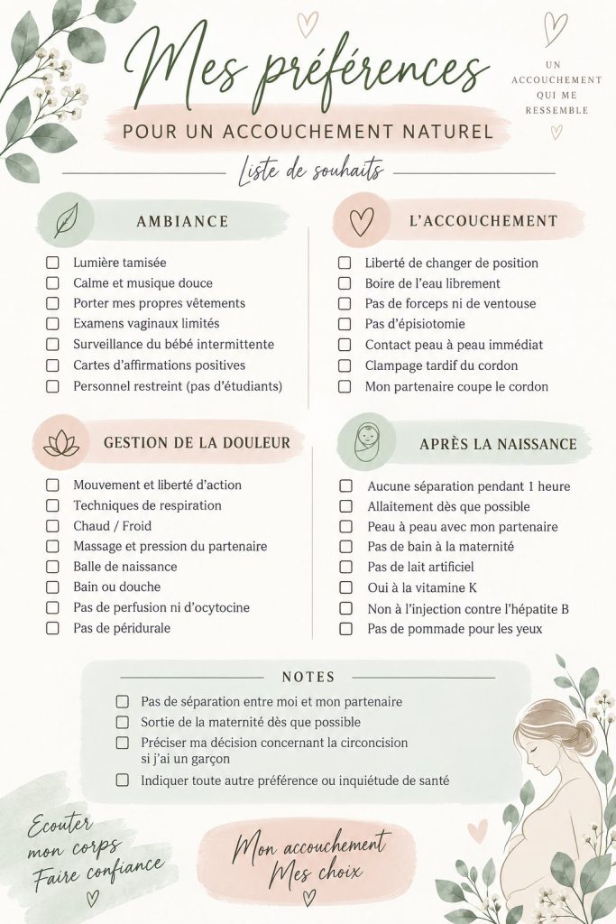 Checklist d'accouchement naturel avec des éléments essentiels à considérer