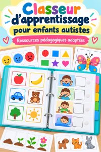 Classeur éducatif DIY pour enfants autistes, posé sur une table avec des fournitures scolaires.