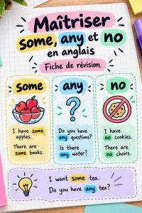 Fiche de révisions en anglais sur les composés some, any et no.