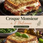 Un croque monsieur à l'italienne, garni de mozzarella et de pesto sur une assiette.