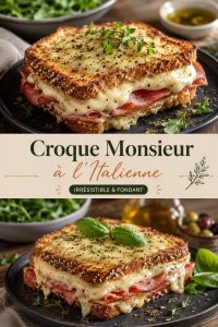 Un croque monsieur à l'italienne, garni de mozzarella et de pesto sur une assiette.