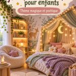 Chambre d'enfant décorée en style féerique avec des couleurs pastel et des accessoires lumineux.