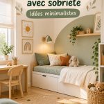 Décoration neutre d'une chambre d'enfant dans un petit espace, avec des couleurs douces et apaisantes.