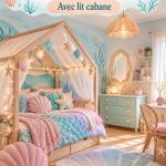 Chambre d'enfant décorée sur le thème de la sirène avec des teintes pastel et un lit en maison.