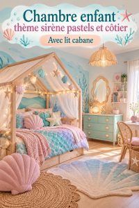 Chambre d'enfant décorée sur le thème de la sirène avec des teintes pastel et un lit en maison.