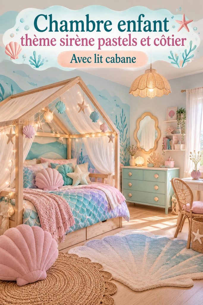 Chambre d'enfant décorée sur le thème de la sirène avec des teintes pastel et un lit en maison.