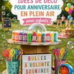 Une fête d'anniversaire en plein air avec des décorations colorées pour enfants.