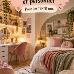 Chambre d'ado fille décorée dans un style cosy avec des coussins et des couleurs douces