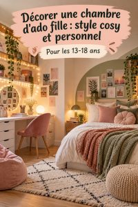 Chambre d'ado fille décorée dans un style cosy avec des coussins et des couleurs douces