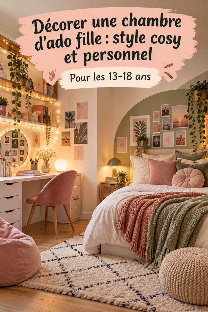Chambre d'ado fille décorée dans un style cosy avec des coussins et des couleurs douces