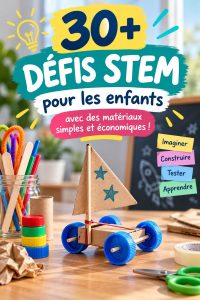 Enfants réalisant un défi STEM avec des matériaux recyclés à la maison.