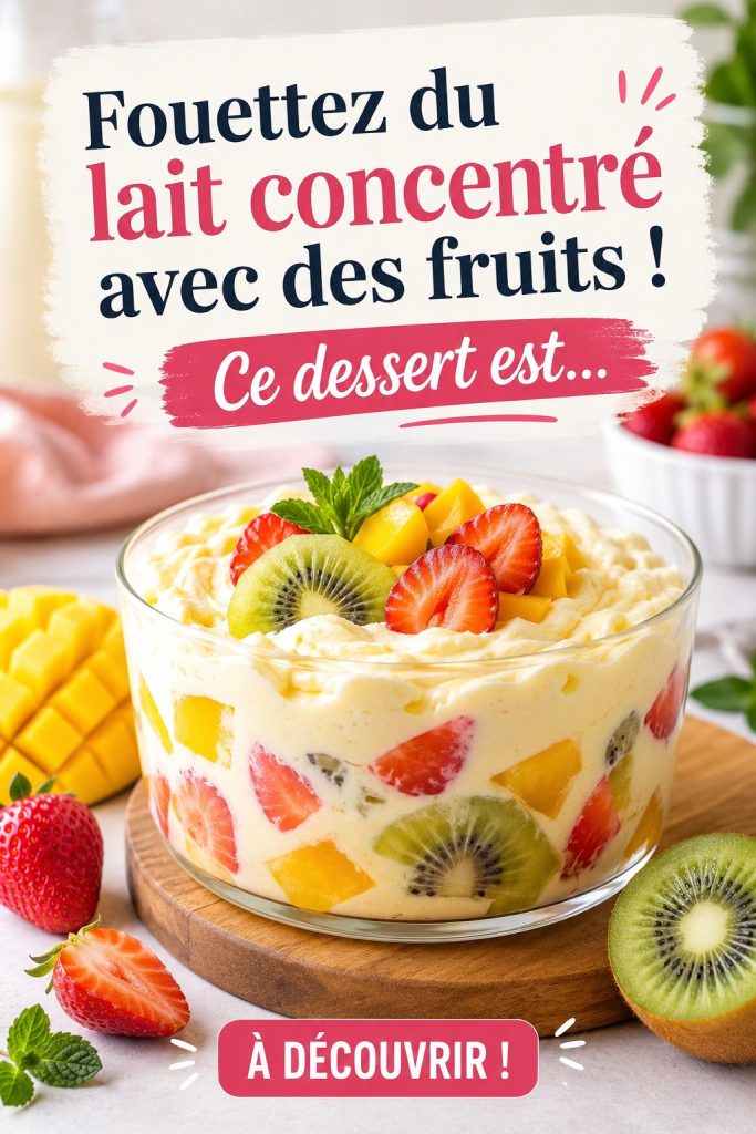 Dessert à base de lait concentré et fruits frais, parfait pour les enfants.