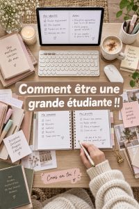 Une étudiante concentrée à son bureau, en train de prendre des notes dans un carnet.