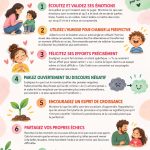 Un enfant souriant parlant avec un parent, illustrant la communication positive