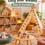 Un espace de jeu chaleureux avec des coussins et des jouets colorés pour les enfants.