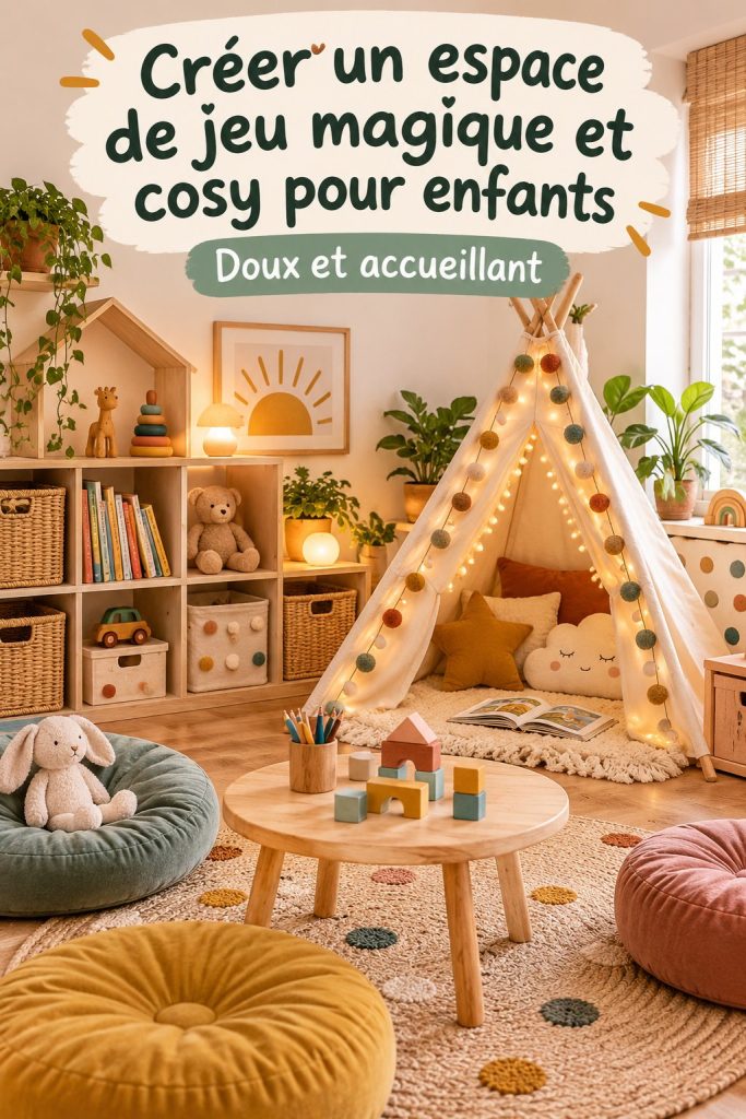 Un espace de jeu chaleureux avec des coussins et des jouets colorés pour les enfants.