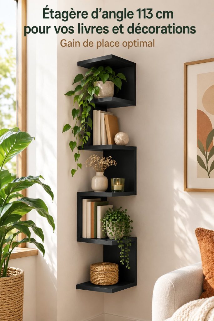 Étagère d'angle en bois avec des livres et des objets déco