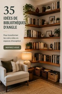 Une belle étagère d'angle en bois remplie de livres et de décorations