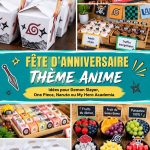 Fête d'anniversaire inspirée des anime avec des décorations colorées et des gâteaux thématiques.