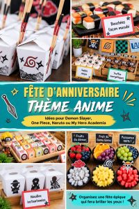Fête d'anniversaire inspirée des anime avec des décorations colorées et des gâteaux thématiques.